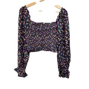 Band of the Free Agathe Purple Floral Smocked Long Sleeve Crop Top Size M NWT